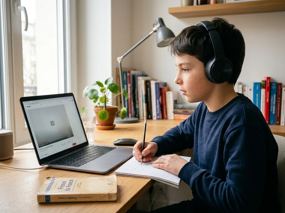 Estudiante con audífonos tomando apuntes de un audio en francés