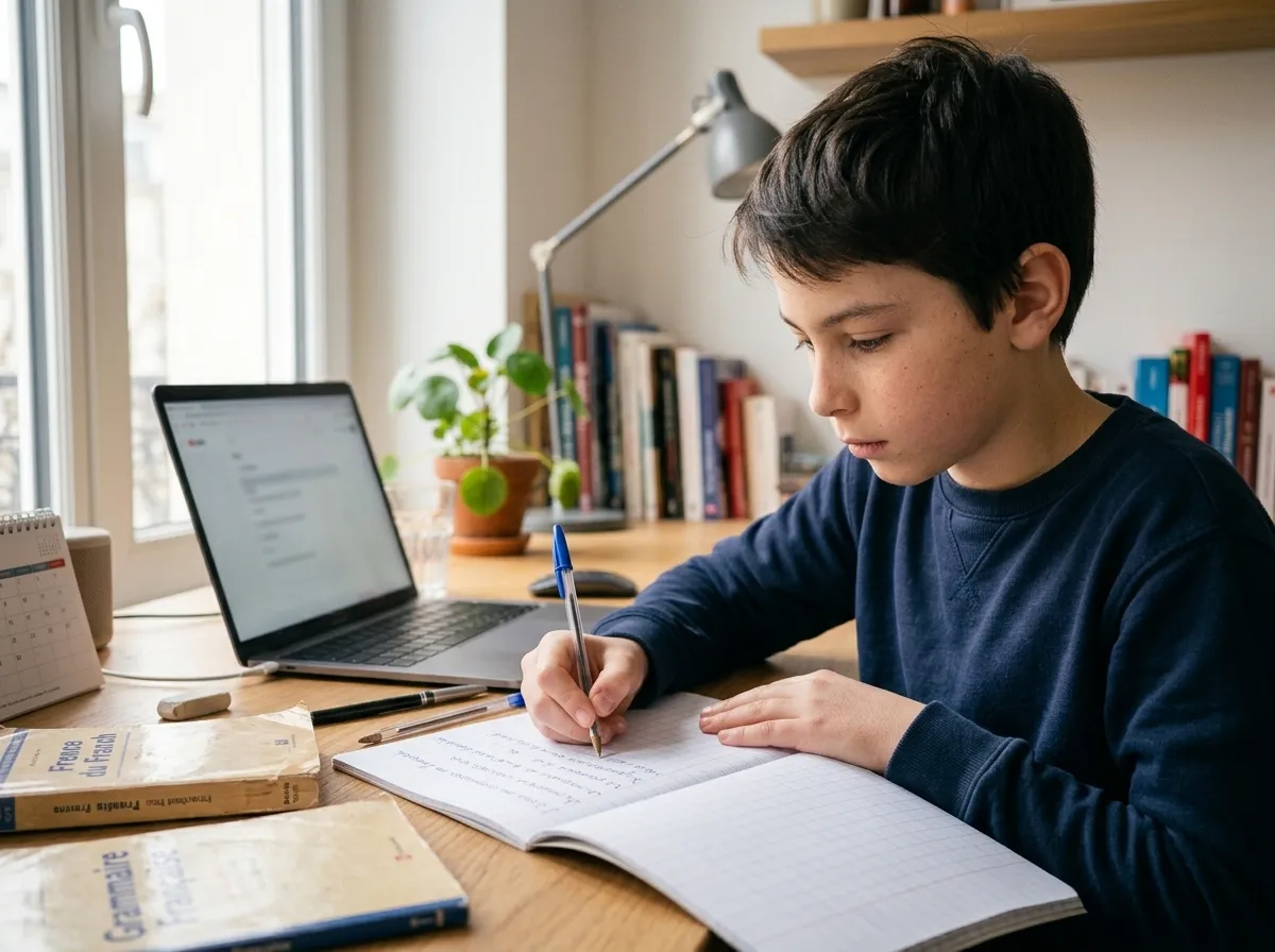 Estudiante escribiendo en su cuaderno de francés