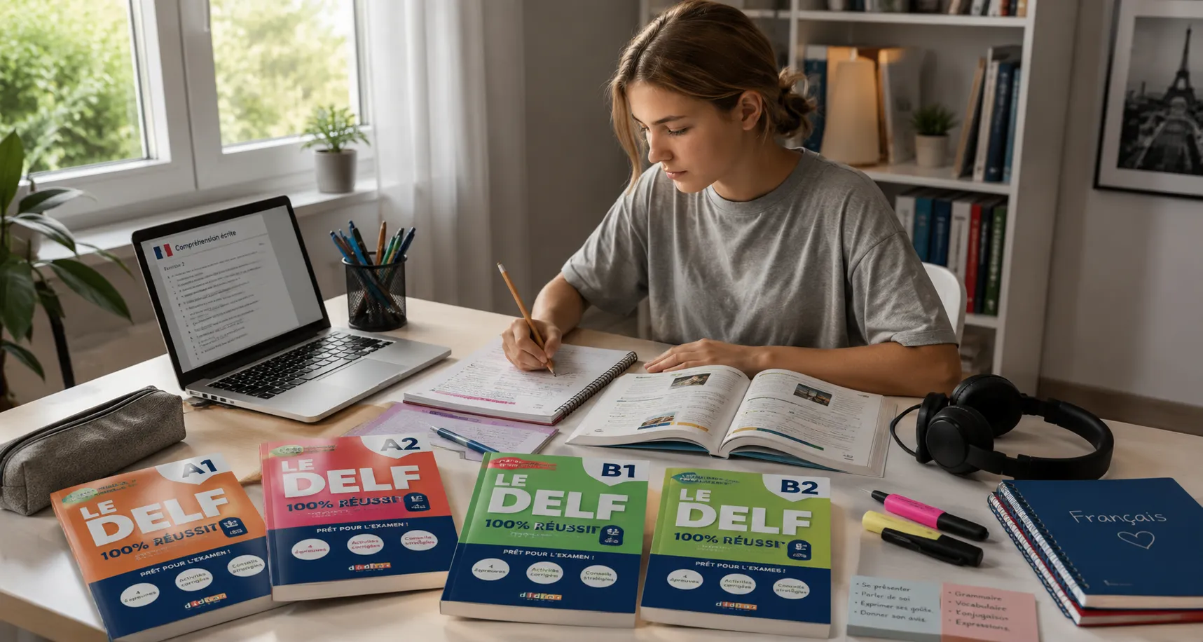 Estudiante preparando el DELF con libros por nivel y apuntes