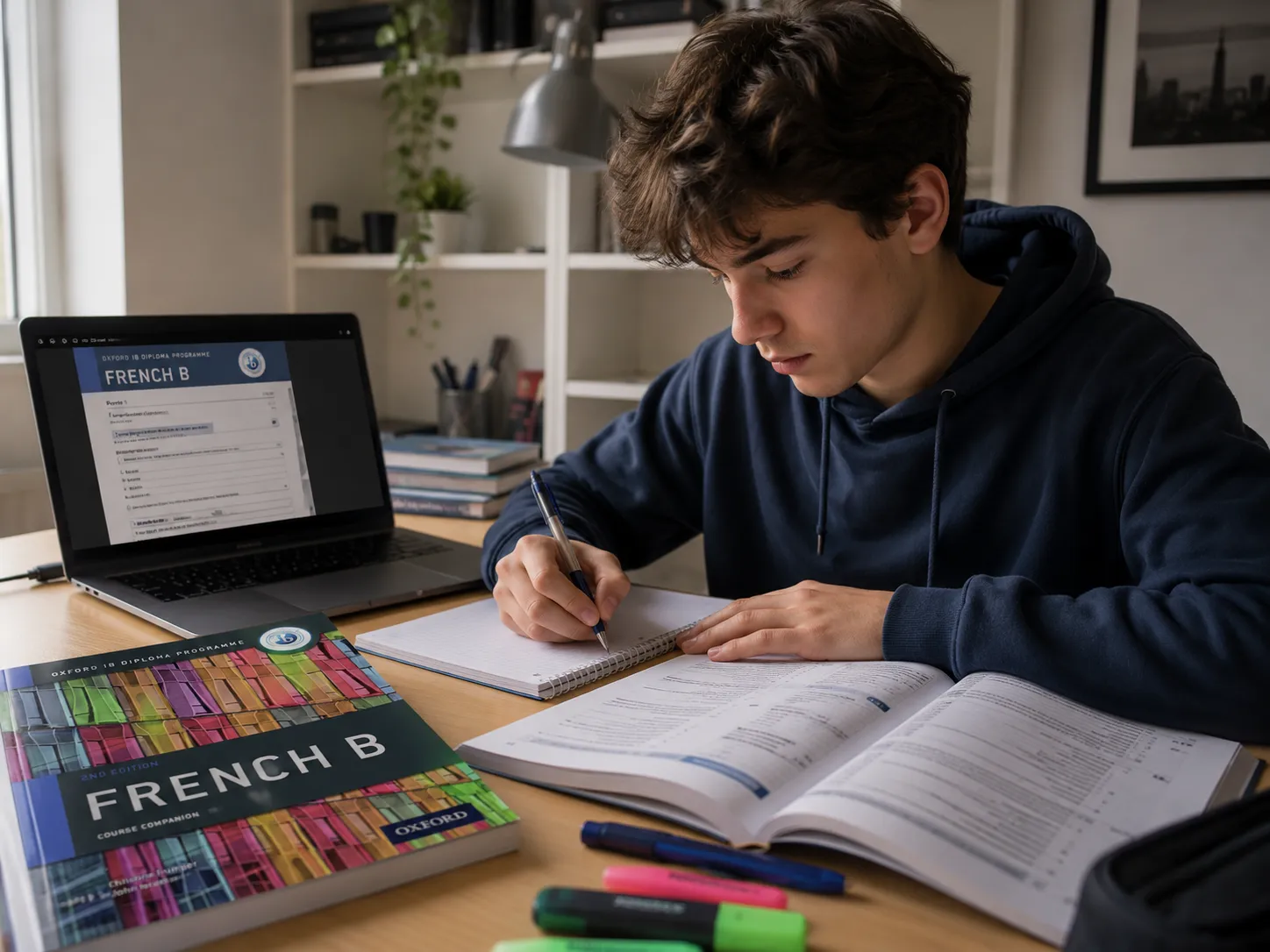 Estudiante preparando French B del IB con su libro y apuntes