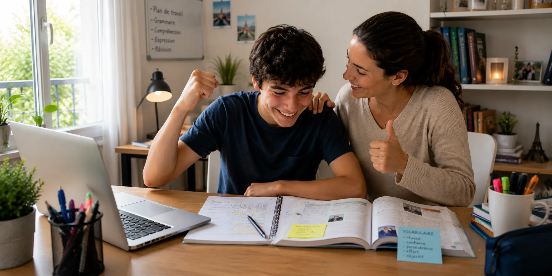 Estudiante celebrando su avance en francés junto a su madre